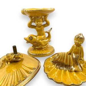 Antique signed Hollywood regency cherub and mermaid ceramic soap dishes